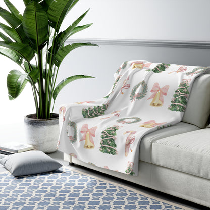 Pastel Christmas Sherpa Blanket – Wreaths, Trees & Candy Canes Holiday Throw