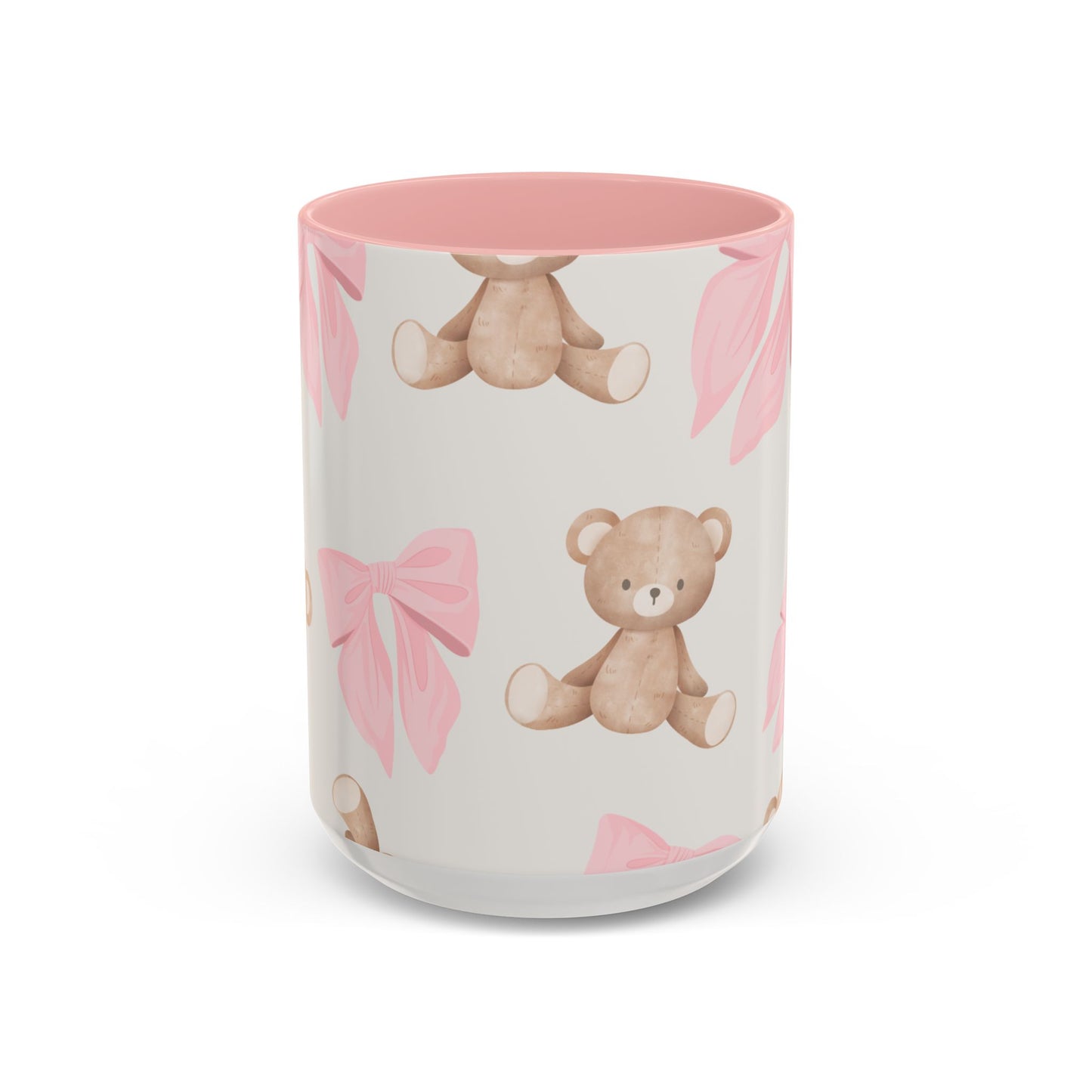 Teddy Bear Pink Bow Accent Coffee Mug — Cute 11/15oz Ceramic Mug with Pink Interior