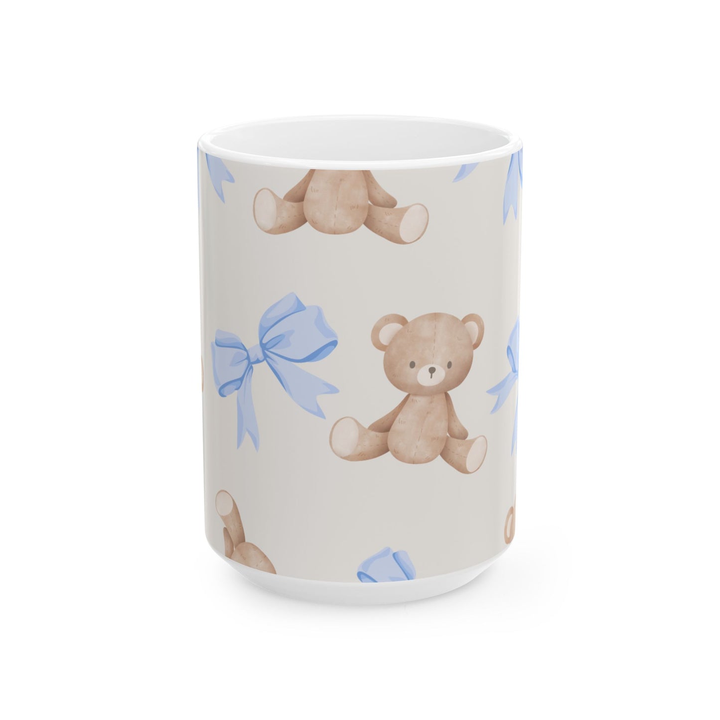 Teddy Bear Ceramic Mug with Blue Bows — Cute 11oz & 15oz Coffee Cup