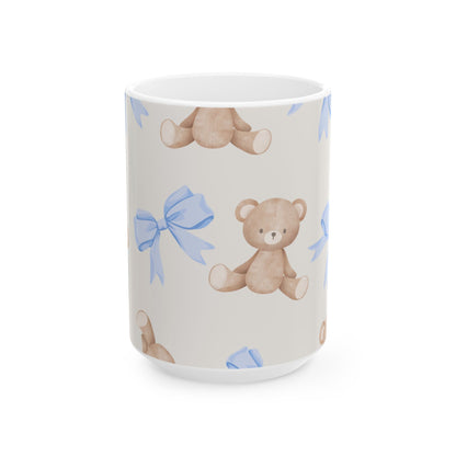 Teddy Bear Ceramic Mug with Blue Bows — Cute 11oz & 15oz Coffee Cup