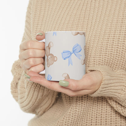 Teddy Bear Ceramic Mug with Blue Bows — Cute 11oz & 15oz Coffee Cup