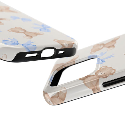 Teddy Bear Pattern Tough Phone Case — Cute Blue Bows