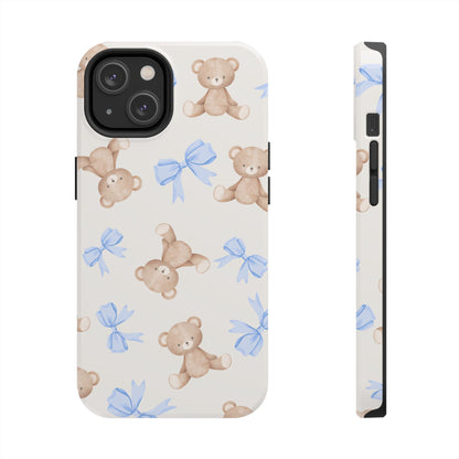 Teddy Bear Pattern Tough Phone Case — Cute Blue Bows