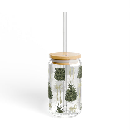 Christmas Trees & Coquette Bows Sipper Glass – 16oz Holiday Tumbler