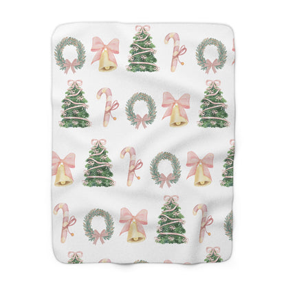 Pastel Christmas Sherpa Blanket – Wreaths, Trees & Candy Canes Holiday Throw