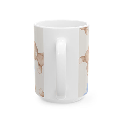 Teddy Bear Ceramic Mug with Blue Bows — Cute 11oz & 15oz Coffee Cup