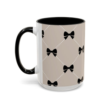 Pearl & Black Bow Accent Coffee Mug — Decorative 11/15oz Ceramic