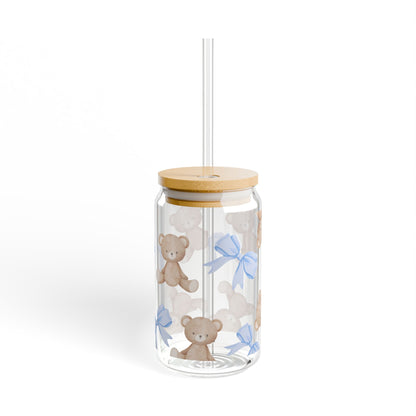 16oz Sipper Glass — Blue Bow & Teddy Bear Design