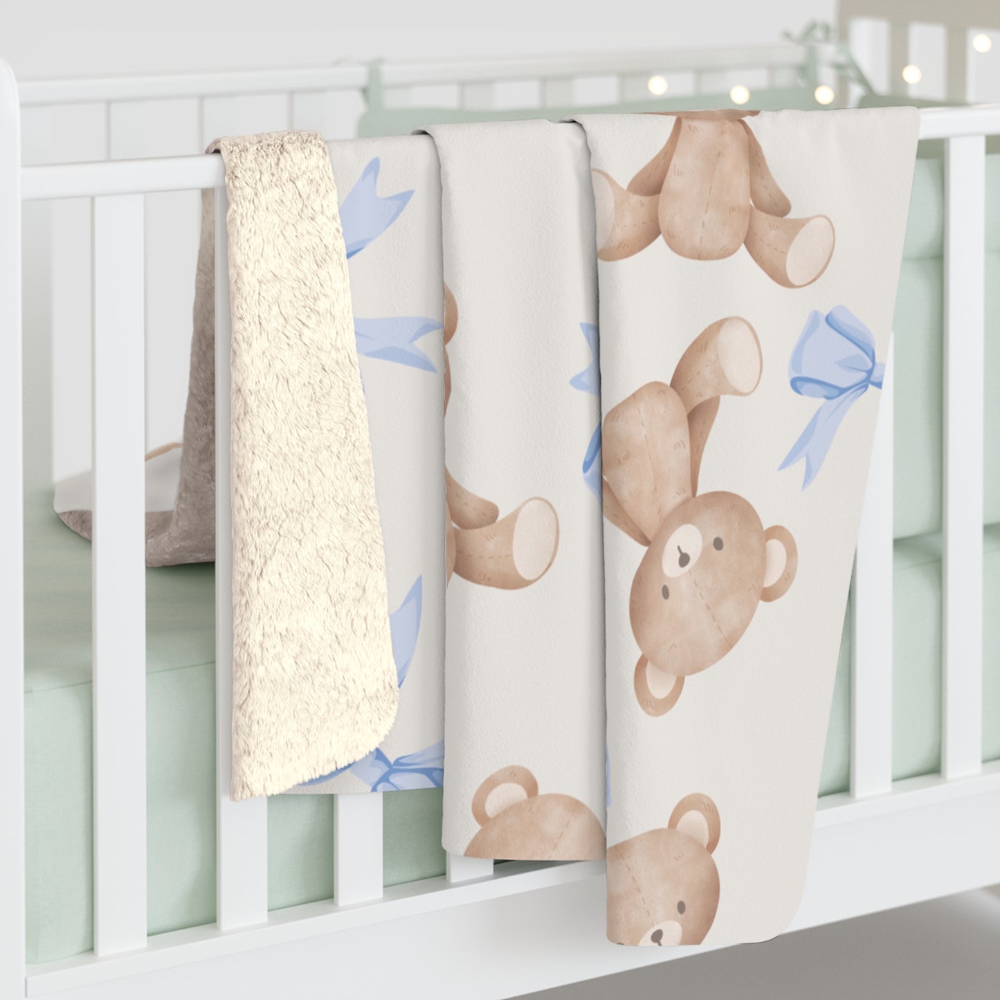 Teddy Bear Sherpa Fleece Blanket with Blue Coquette Bows