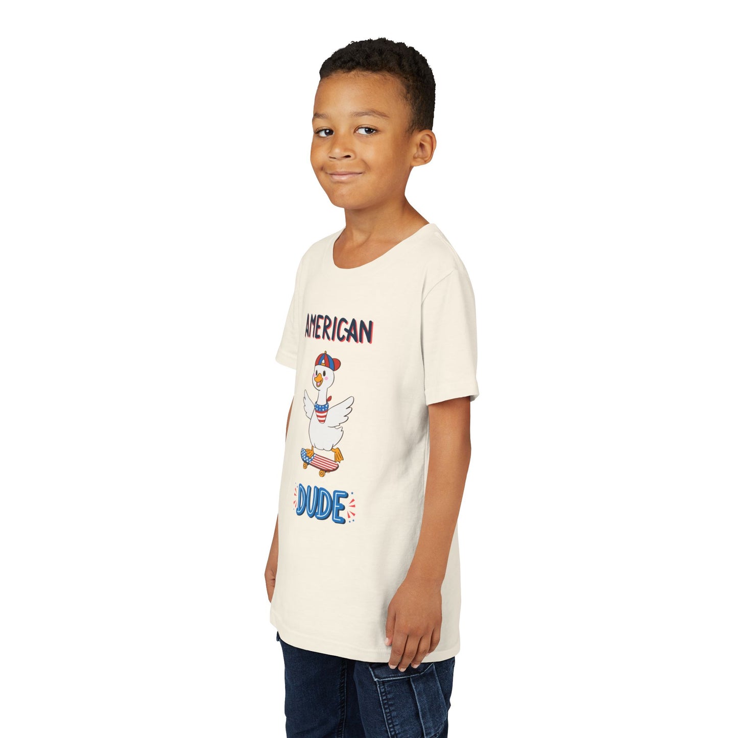 Youth Tee — "American Dude" Skateboarding Duck Graphic