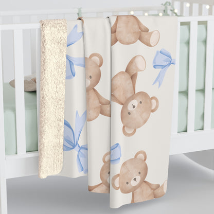 Teddy Bear Sherpa Fleece Blanket with Blue Coquette Bows