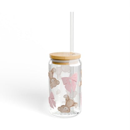 16oz Sipper Glass — Pink Coquette Bows & Teddy Bears