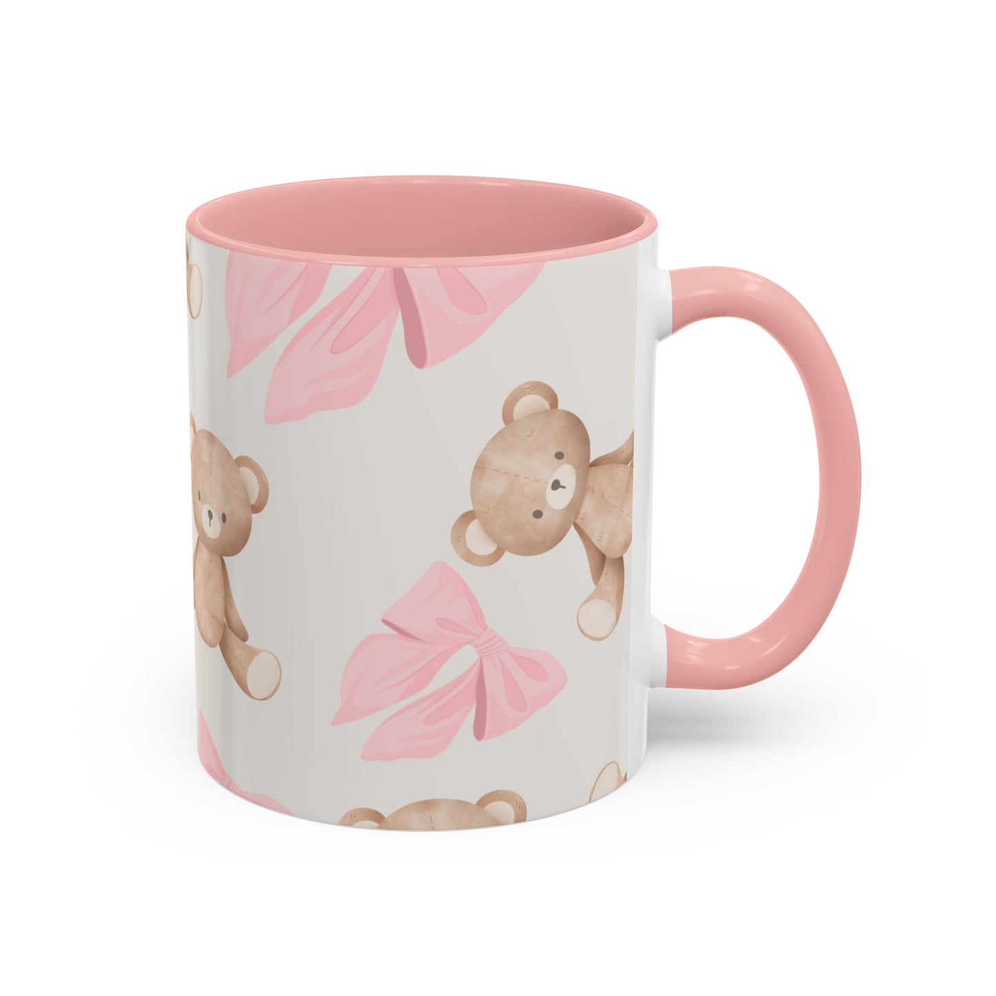 Teddy Bear Pink Bow Accent Coffee Mug — Cute 11/15oz Ceramic Mug with Pink Interior