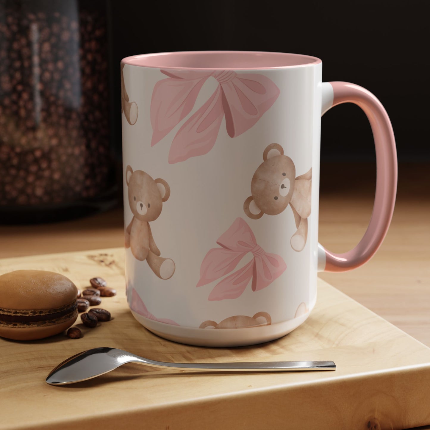 Teddy Bear Pink Bow Accent Coffee Mug — Cute 11/15oz Ceramic Mug with Pink Interior
