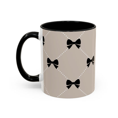Pearl & Black Bow Accent Coffee Mug — Decorative 11/15oz Ceramic