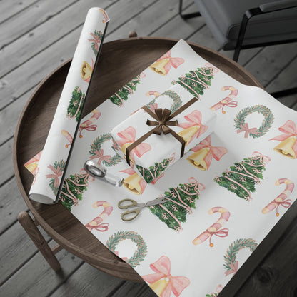 Christmas Wreath & Tree Wrapping Paper Roll – Pastel Holiday Gift Wrap