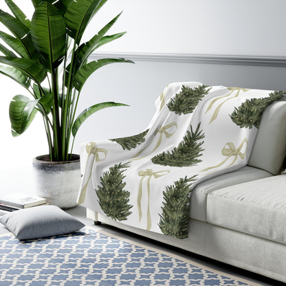 Christmas Tree Sherpa Fleece Blanket — Cozy Blanket with Coquette Bows