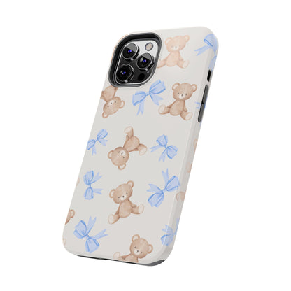 Teddy Bear Pattern Tough Phone Case — Cute Blue Bows