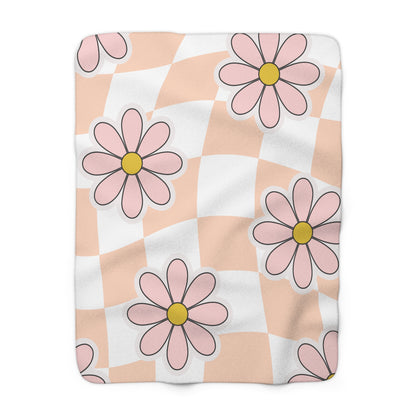 Groovy Floral Sherpa Fleece Blanket — Cozy Retro Flower Pattern Throw