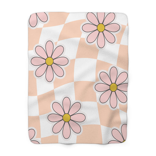 Groovy Floral Sherpa Fleece Blanket — Cozy Retro Flower Pattern Throw