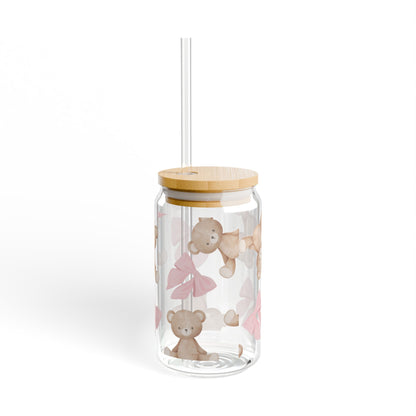 16oz Sipper Glass — Pink Coquette Bows & Teddy Bears